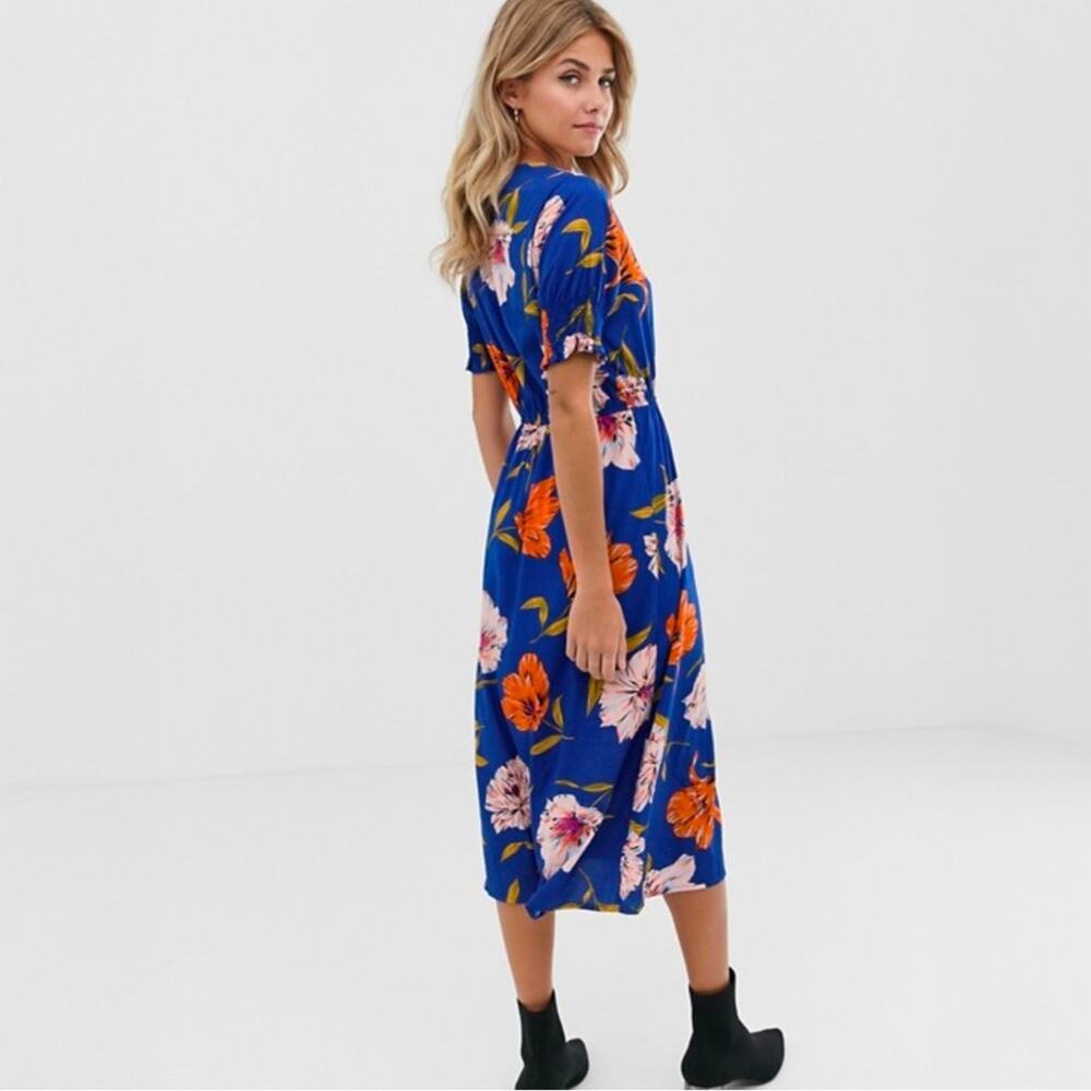 ASOS Womens Floral Midi Dress Size 6 Blue V Neck Long Sleeve Button Front - Picture 8 of 12